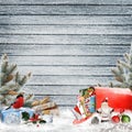 Christmas greeting background with gifts, a mailbox with letters, pine branches and christmas decorations Royalty Free Stock Photo