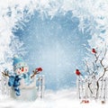 Christmas greeting background with a snowman near the fence and bullfinches on the branches of a tree Royalty Free Stock Photo