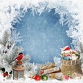 Christmas greeting background with space for text, with gifts, a lantern, a bullfinch, a bag of letters and sweets and frosty patt