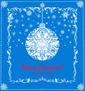 Christmas greeting blue craft card with floral decorative border, snowflakes and hanging ball