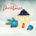 Christmas greeting card, background, poster with lantern, fir-tree, balls and berries in the snow. Winter scene. Vector