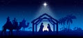 Blue Christmas greeting card banner background with Nativity Scene in the desert Royalty Free Stock Photo