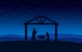 Blue Christmas greeting card banner background with Nativity Scene in the desert. Royalty Free Stock Photo