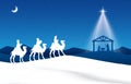 Blue Christmas greeting card banner background with Nativity Scene in the desert. Royalty Free Stock Photo