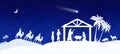 Blue Christmas greeting card banner background with nativity scene in the desert. Royalty Free Stock Photo