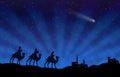 Blue Christmas greeting card banner background with Three Wise Men Royalty Free Stock Photo