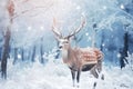 Christmas greeting card with beautiful deer in magical snowy forest Royalty Free Stock Photo