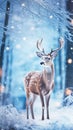 Christmas greeting card with beautiful deer in magical snowy forest, vertical format Royalty Free Stock Photo