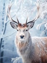 Christmas greeting card with beautiful deer in magical snowy forest, vertical format Royalty Free Stock Photo