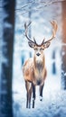 Christmas greeting card with beautiful deer in magical snowy forest, vertical format Royalty Free Stock Photo