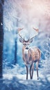 Christmas greeting card with beautiful deer in magical snowy forest, vertical format Royalty Free Stock Photo