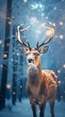 Christmas greeting card with beautiful deer in magical snowy forest, vertical format Royalty Free Stock Photo