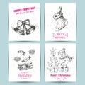 Christmas greeting card with bells, snowman, candy and socks