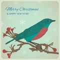 Christmas greeting card with bird sitting on twigs