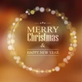 Christmas greeting card with bokeh lights wreath,