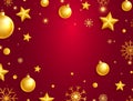 Christmas greeting card with bright gold balls, stars and snowflakes. Celebration border. Luxury red Holiday background Royalty Free Stock Photo