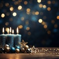 Christmas greeting card with burning candles and decoration on bokeh background Royalty Free Stock Photo
