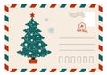 Christmas greeting card. Cartoon postcard for celebrating winter holidays. Envelope with cute fir tree and post stamps Royalty Free Stock Photo