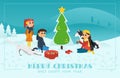 Christmas Greeting Card: Children with Dogs Decorating the Chrismas Tree in Snowy Landscape. Royalty Free Stock Photo