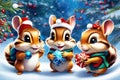 Christmas greeting card. Chipmunk cute family hold a Christmas presents in the falling snow