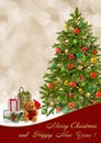 Christmas greeting card with Christmas tree and gifts