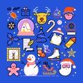 Christmas greeting card. Colorful line icon and white background. Winter holidays Royalty Free Stock Photo