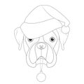 Christmas greeting card for coloring. Boxer dog with Santa`s hat and Christmas toy ball