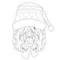 Christmas greeting card for coloring. Briard or Brie Shepherd dog wearing a scarf and a woolen cap for winter