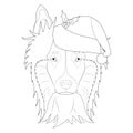 Christmas greeting card for coloring. Collie Rough dog with Santa`s hat