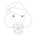 Christmas greeting card for coloring. Dachshund dog with Santa`s hat and Christmas bells