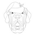 Christmas greeting card for coloring. English Mastiff dog with Santa`s hat Royalty Free Stock Photo