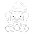 Christmas greeting card for coloring. Saint Bernard dog with Santa`s hat