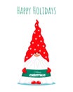 Christmas greeting card with a cute bearded gnome. Winter holiday character. Vector illustration in flat style. Merry