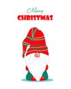 Christmas greeting card with a cute bearded gnome. Winter holiday character. Vector illustration in flat style. Merry