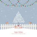 Christmas greeting card with cute birds,hanging lights,Christmas tree and gift boxes on winter landscape Royalty Free Stock Photo