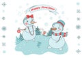 Christmas Greeting Card with cute couple snowman and birds