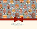 Christmas greeting card with cute decorated gingerbread houses.
