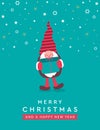 christmas greeting card with cute dwarf with gift Royalty Free Stock Photo