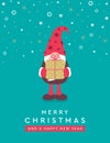 christmas greeting card with cute dwarf with gift Royalty Free Stock Photo