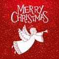 Christmas greeting card with cute flying angel and flute