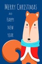 Christmas greeting card and cute Fox character. Merry Christmas and Happy New Year. Cartoon Royalty Free Stock Photo