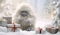 A cute furry Yeti surrounded by lots of Christmas presents.