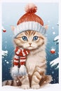 Christmas greeting card with cute kitten with blue eyes wearing hat and scarf sitting in snow