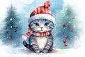 Christmas greeting card with cute kitten with blue eyes wearing hat and scarf sitting in snow