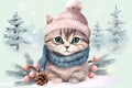 Christmas greeting card with cute kitten with blue eyes wearing pink hat and scarf sitting in snow