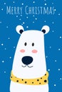 Christmas greeting card and cute Polar bear with yellow scarf character. Merry Christmas and Happy New Year. Cartoon