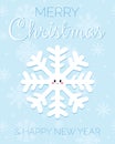 Christmas greeting card with cute snowflake and text. Christmas and New Year wish on blue background. Flat vector Royalty Free Stock Photo