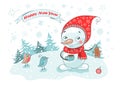 Christmas Greeting Card with cute snowman, birds and snowflakes