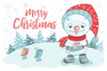 Christmas Greeting Card with cute snowman, birds