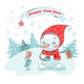 Christmas Greeting Card with cute snowman, birds and snowflakes